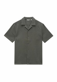 Korte mouw knoopshirt in donkergroen. Heeft een gestructureerde stof en een puntige kraag, met een rij knopen aan de voorkant.
