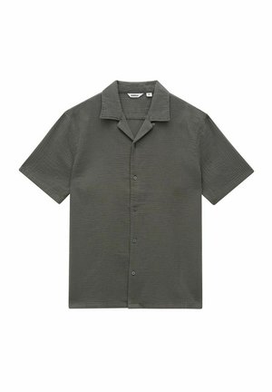 Short-sleeve button-up shirt in dark green. Features a textured fabric and pointed collar, with a row of buttons down the front.