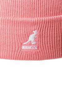 Pink knit beanie with a ribbed texture, featuring a white kangaroo logo and the word "KANGOL" embroidered at the hem.