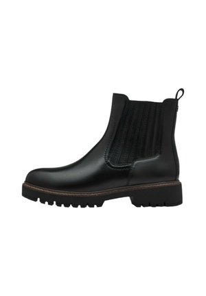 Botte Chelsea en cuir noir avec des panneaux élastiques côtelés sur les côtés, une languette de traction et une semelle en caoutchouc épaisse. Présente un design élégant à bout arrondi.
