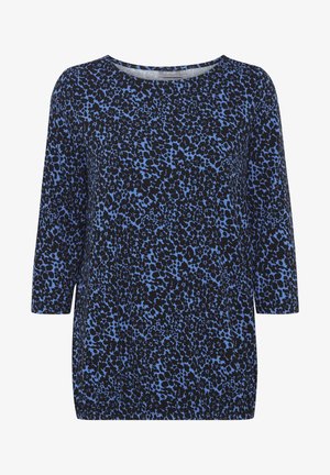 Kukkakuosisessa paidassa on sinisiä ja mustia roiskeita, pyöreä pääntie ja kolmanneksen pitkät hihat pehmeää kangasta.