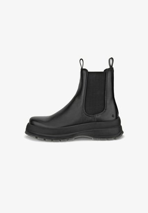Black leather ankle boot with elastic side panels, pull tabs on top, and thick rubber sole with treaded outsole.