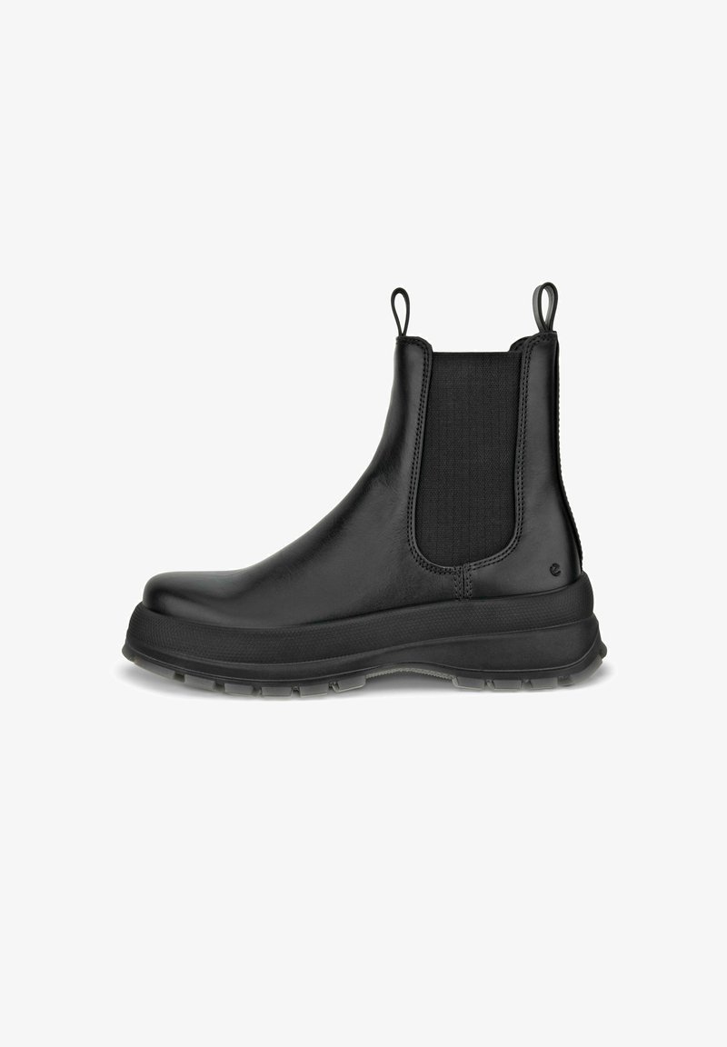 Black leather ankle boot with elastic side panels, pull tabs on top, and thick rubber sole with treaded outsole.
