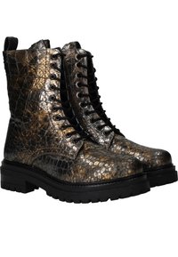 Metallisch bronze Farbene Schnürkampfstiefel mit einem strukturierten Schlangenhautmuster, Gummisohle und verstärkten schwarzen Akzenten um den Knöchel.