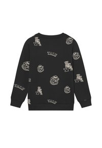 Svart hettegenser med rund hals og lange ermer, med grafikk fra Yale med bulldoger og tekst i beige over hele stoffet.