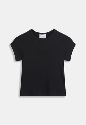 Black short-sleeve T-shirt made of soft cotton with a crew neck and embossed "Juicy" text on the front. Smooth texture, relaxed fit.