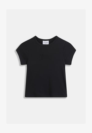 Black short-sleeve T-shirt made of soft cotton with a crew neck and embossed "Juicy" text on the front. Smooth texture, relaxed fit.