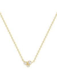 Zelta ķēdes kaklarota ar trim apļveida caurspīdīgām dārgakmeņiem, kas centrā ir izvietoti grupā. Gluda ķēde ar pulētu apdari.