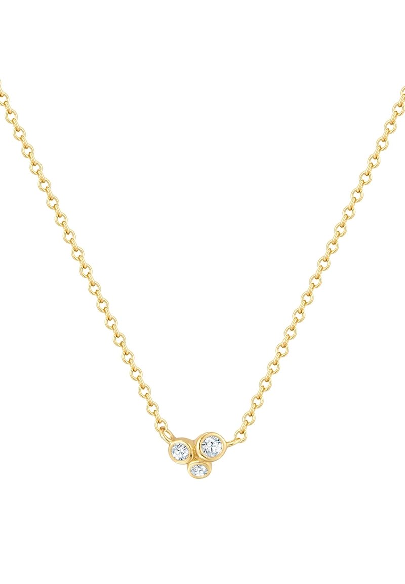 Zelta ķēdes kaklarota ar trim apļveida caurspīdīgām dārgakmeņiem, kas centrā ir izvietoti grupā. Gluda ķēde ar pulētu apdari.