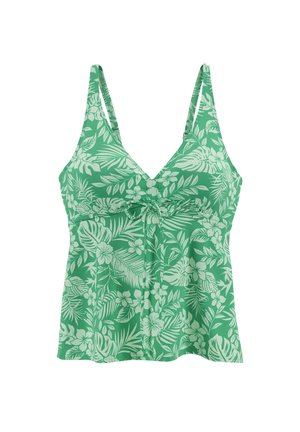Grünes Tanktop mit floralem Druck und Spaghettiträgern, das einen taillierten Oberteil, einen V-Ausschnitt und ein Frontbanddetail in der Mitte hat.