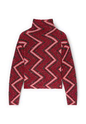 Rood- en roze gebreide coltrui met zigzagpatroon, gestructureerde stof en lange mouwen. Voorzien van glinsterende accenten overal.
