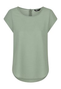 Blouse à manches courtes en tissu vert doux, décolleté arrondi et ourlet légèrement courbé. Caractérisée par un discret détail de fermeture éclair au dos.