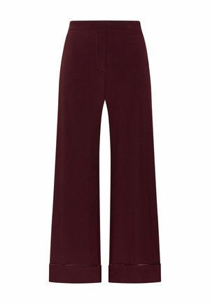 Pantalon ample bordeaux avec une texture lisse, doté d'une taille haute et d'ourlets retroussés. Conçu avec une coupe simple et épurée.