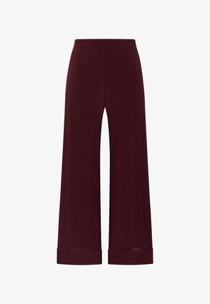 Pantalon ample bordeaux avec une texture lisse, doté d'une taille haute et d'ourlets retroussés. Conçu avec une coupe simple et épurée.