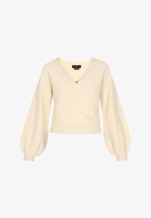 Krátký rukáv svetr s překřížením z jemné krémové tkaniny, s véčkovým výstřihem, balónovými rukávy, žebrovaným lemem a jemným texturovaným vzorem.