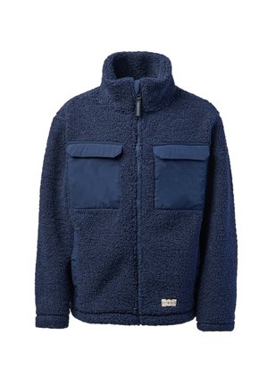 Giacca in pile blu navy con collo alto, zip frontale completa e due grandi tasche con patta sul petto.