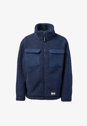 Giacca in pile blu navy con collo alto, zip frontale completa e due grandi tasche con patta sul petto.