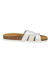 Sandal blanc à semelle en liège, comportant deux brides : une lisse et une texturée, avec une semelle en caoutchouc blanche.