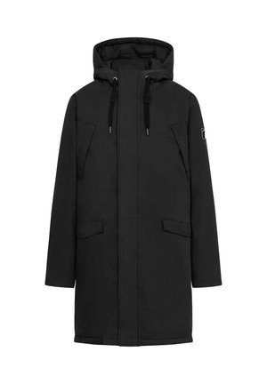 Schwarzer langer Mantel mit Kapuze, ausgestattet mit einem vorderen Reißverschluss, zwei Seitentaschen und verstellbaren Kordeln. Glatte Stoffoberfläche.