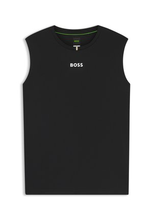 Czarny bezrękawnik z napisem "BOSS" w białym kolorze na piersi oraz metką z zielonym paskiem wewnątrz kołnierzyka.