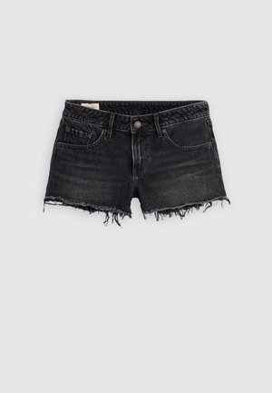 Black denim shorts with frayed hem, five pockets, and a front button closure. Smooth texture with slight fading for a worn appearance.
