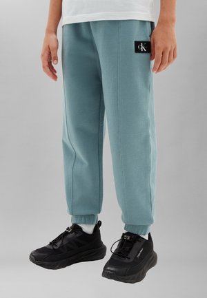 Osoba w jasnoniebieskich spodniach dresowych z czarną naszywką z logo Calvin Klein powyżej kolana oraz czarnych butach sportowych Calvin Klein z białymi skarpetkami.