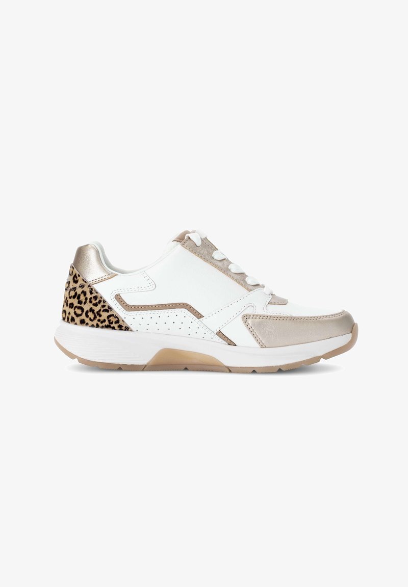 White sneaker with beige metallic accents, leopard print detail on heel, white laces, and a beige rubber sole.