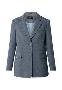 Rutig blazer i marinblått och vitt, med kavajkrage, två framfickor och silverknappstängning. Strukturerad passform och texturerad tyg.