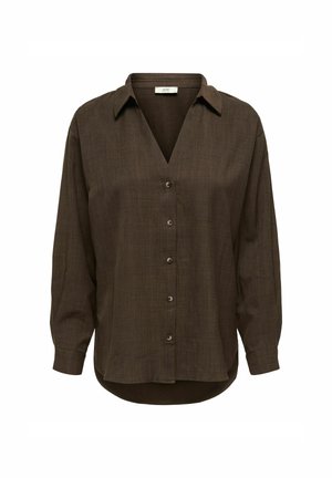 Chemise marron à boutons avec un col en V, des manches longues et un ourlet arrondi. Fabriquée en tissu texturé avec une coupe légèrement ample.