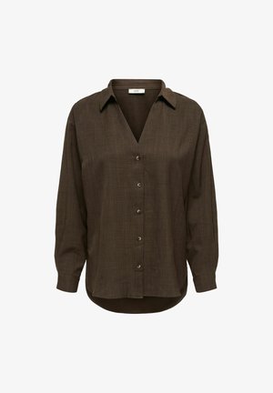 Brązowa koszula zapinana na guziki z dekoltem w kształcie litery V, długimi rękawami i zaokrąglonym dołem. Wykonana z teksturowanej tkaniny o lekko luźnym kroju.