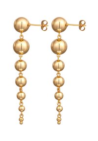 Goldfarbene Tropfohrringe mit einer Reihe polierter, sphärischer Perlen in verschiedenen Größen, die durch schlanke Verbindungen für ein langes Design verbunden sind.