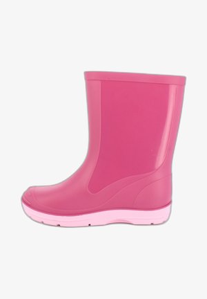 Rosa Gummiregenstiefel mit glatter Textur, mittellangem Design, geschwungenem oberen Rand und weißer Sohle. Keine sichtbaren Muster oder Beschläge.