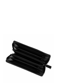 Zwarte ritstas met meerdere compartimenten. Soepele buitenkant, ruime binnenkant met kaartsleuven en secties voor organisatie.