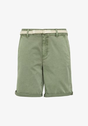 Zelené bavlněné šortky s pleteným béžovým opaskem, klasického střihu, s ohrnutými lemy a předními kapsami. Prošití po celém obvodu.