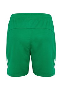 Shorts sportivi verdi realizzati in tessuto leggero, caratterizzati da una superficie liscia, una vita elastica e accenti bianchi sui lati.