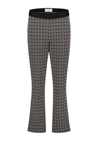 Pantalon évasé à motif noir et beige avec une ceinture élastique noire et un petit design géométrique sur l'ensemble.