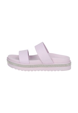 Lichtpaarse platform sandalen met twee brede banden; tekstuurzool en een met rhinestones versierde band rondom de rand. Zacht, flexibel materiaal.