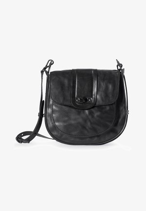 Schwarze Leder-Umhängetasche mit runder Form, Klappenverschluss und verstellbarem Träger. Sie zeichnet sich durch eine glatte Textur und dezente Nähte aus.