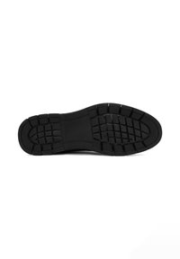 Zwarte rubberen schoenzool met een getextureerd loopvlakpatroon, met een flexibele ontwerp en ronde randen voor verbeterde grip en comfort.