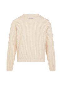 Flauschiger, cremefarbener Strickpullover mit Rundhalsausschnitt, langen Ärmeln und dekorativen Knopfdetails an der Schulter. Strukturierter gerippter Design.