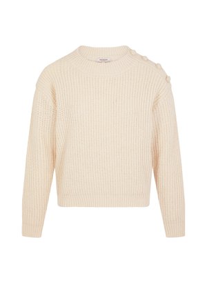 Dikke crèmekleurige gebreide trui met een ronde halslijn, lange mouwen en decoratieve knoopdetails op de schouder. Getextureerd ribgebreid ontwerp.