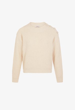 Pull en tricot crémeux épais avec un col rond, des manches longues et des détails de boutons décoratifs sur les épaules. Design texturé à côtes.