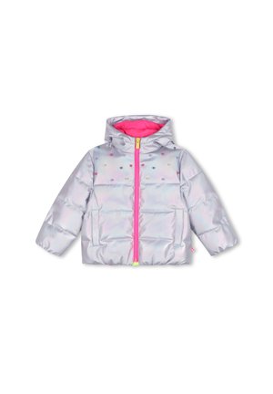 Giacca imbottita argento con cappuccio, cerniera rosa, interno rosa e piccoli borchie decorative multicolori nella parte superiore anteriore.