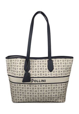 Borsa tote Pollini beige e nera con motivo circolare ripetuto a forma di "P", rifiniture nere, due manici lunghi e targhetta pendente in pelle.