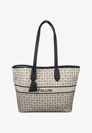 Borsa tote Pollini beige e nera con motivo circolare ripetuto a forma di "P", rifiniture nere, due manici lunghi e targhetta pendente in pelle.