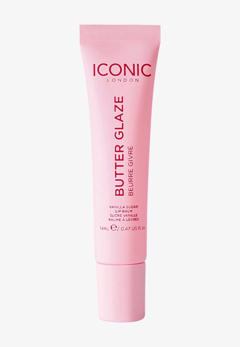 Tube rose du baume à lèvres au beurre glacé vanille sucre ICONIC London, 14 ml, avec texte rouge sur fond blanc.