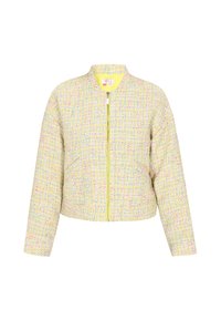 Bomberjack in een gele tweed stof met meerkleurige stippen; voorzien van een ritssluiting aan de voorkant en een geribbelde halslijn; cropped ontwerp met zijzakken.