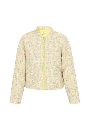 Bomberjack in een gele tweed stof met meerkleurige stippen; voorzien van een ritssluiting aan de voorkant en een geribbelde halslijn; cropped ontwerp met zijzakken.
