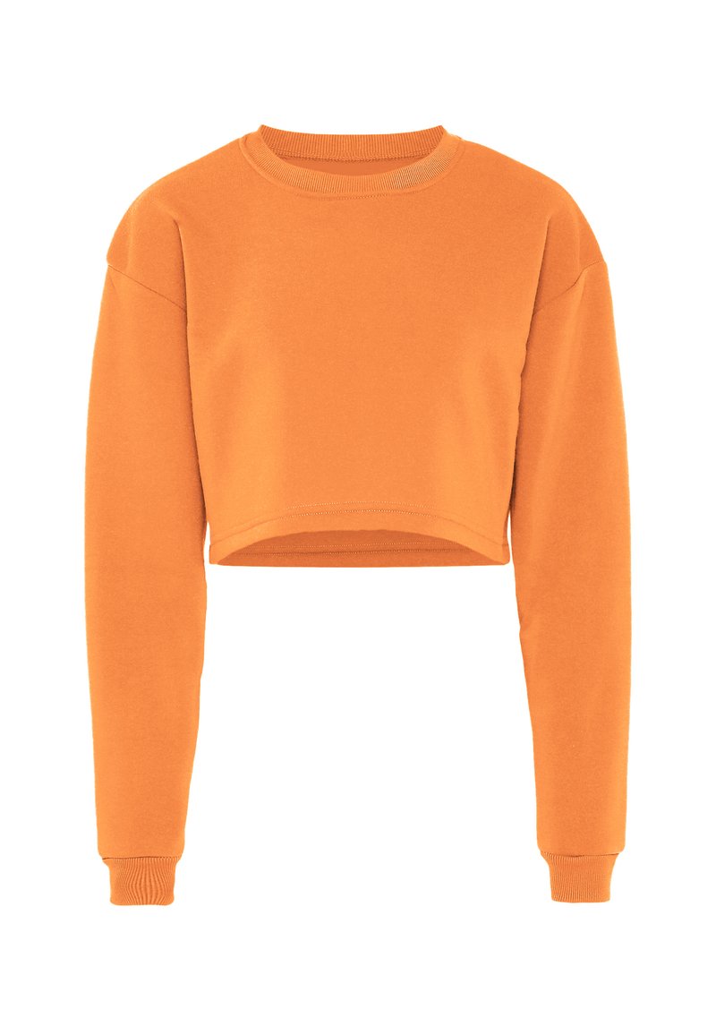 Oranje cropped sweatshirt met lange mouwen, een ronde halslijn en geribde manchetten. De stof lijkt zacht met een gladde textuur.