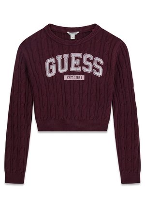 Pull court bordeaux en maille torsadée avec manches longues et texte brodé "GUESS EST. 1981" sur le devant.
